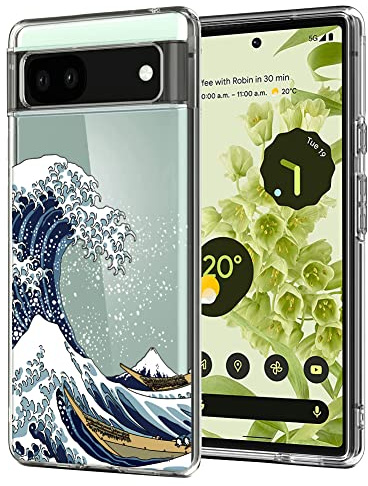Unov Compatible with Pixel 6a Case Clear with Design Soft TPU Shock Absorption Slim Embossed Pattern Protective Back Cover for Pixel 6a 5G 6.1 inch (Great Wave)