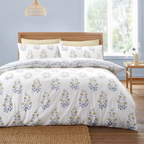 Bianca Eloise Floral 230 Thread Count Cotton Satin Stripe Reversible Double Duvet Cover Set with Pillowcases White Blue