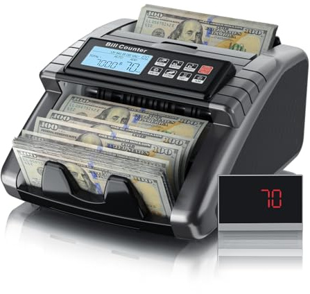LOLARAN AL1000 Money Counter Machine with Value Counting, Support Dollar and Euro, UV, MG, MT, IR, DD Counterfeit Detection, Cash Counter with LCD Display, Batch and Add, 1,000 Notes/Min