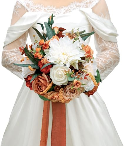 BENCENTRE 10 Inch Burnt Orange Bridal Bouquet,Fall Wedding Bouquet,Bride Bouquets for Wedding Ceremony Anniversary, Party and French Rustic Vintage Wedding,Artificial Flowers