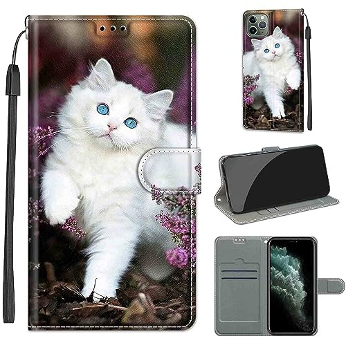 TOMYOU Handyhülle für iPhone 11 Pro Hülle, weiße Katze | Standfunktion, Kartenfach, Magnetisch, Stoßfeste Schutzhülle, Flip Leder, Klapphülle