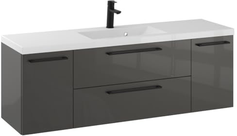 Furni Rosen 140 cm Hängeschrank mit Waschbecken in Titan Hochglanz und Mattschwarzen Griffen - Modernes Design für Ihr Badezimmer