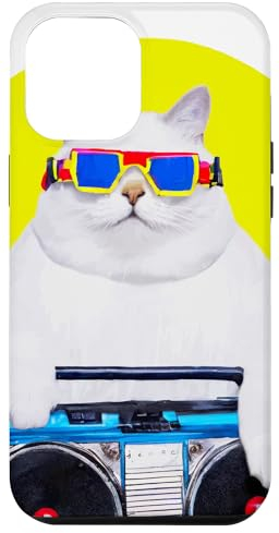 Hülle für iPhone 15 Plus dicker weißer Kater mit Ghettoblaster im 80er Look Musik