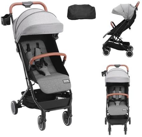 VEVOR Standard barnvagn barnvagn för småbarn med justerbart ryggstöd från 95° till 175° justerbar 0/90° fotstöd vikbar med ett klick bärväska, mörkgrå