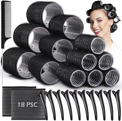 GeeRic Lot de 33 Bigoudis Auto-agrippants Sans Chaleur pour Cheveux Longs, avec Pinces et Peigne, pour Salon de Coiffure et Styles DIY - Noir