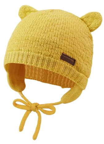 XIAOHAWANG Baby-Mütze mit Ohrenschützern, weiche Strickmütze, niedliche Bärenmützen für Kleinkinder, Herbst, Winter, gelb, 0-6 Monate