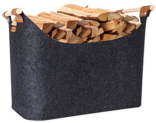 Log Basket, XL Felt Firewood Baskets Extra Thick and Foldable Log Basket for Wood Burner Indoor with Extended Handles for Fireplace Accessories, Shopping, Books, Toy, Clothes