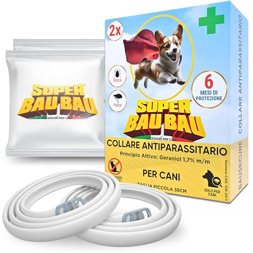 Collare Antiparassitario per Cani - Super Bau Bau, Confezione da 2, Antipulci, Antizecche, Anti Zanzare, Impermeabile, Efficace per 12 Mesi, 38cm per Cani fino a 8kg