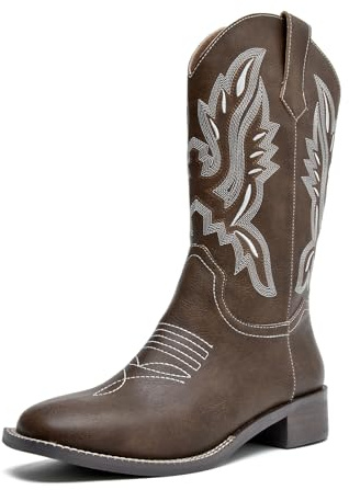 PPXID Cowboy Western Bottes pour Femme Bottes mi-Mollet a Enfiler Mode Confort Bout Rond Brodé Classique -Marron foncé 41