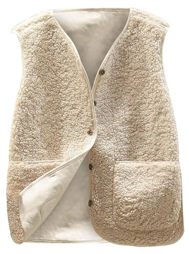 Vinuwu Gilet da donna senza maniche, in pile, da donna, tinta unita, con scollo a V, con bottoni, orsacchiotto, gilet da donna in pelliccia, beige., M