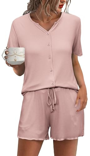 Demegimi Women's Pyjama Set Summer Short Sleeve Button Down Nightwear - Soft V-Neck Sleepwear Loungewear Set with Drawstring Shorts