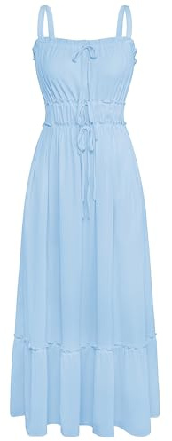 Grace Karin Damsommarklänning elegant spagettiremmar A-linje fritidsklänning maxi casual ärmlös strandklänningar med fickor, Ljusblå, L