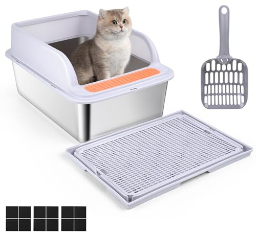 Kattlåda rostfritt stål, banaone kattlåda, lätt att rengöra och luktresistent kattlåda rostfritt stål läckage- och spillsäker med kattsandsmatta och spade