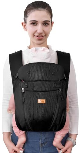 CUBY Baby Tragetuch Neugeborene Baby Born Trage Babytrage für Neugeborene bis Kleinkinder (29 LBS), Atmungsaktiv Ergonomischer Schrittschutz, Abnehmbare Kapuze mit Wendbarer Kopfstütze (Schwarz)