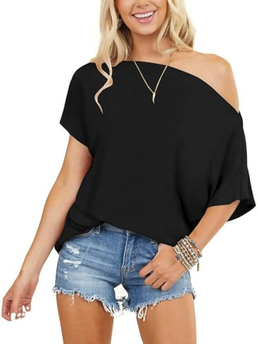 Mcnlyce Tshirt Damen Sommer One Shoulder Oberteil Carmen Shirt Sexy Sommer T Shirts Elegant Lässig Carmenbluse Fledermaus Baumwolle Schwarz XXL