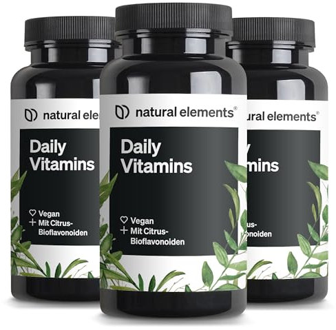 natural elements Daily Vitamins 3er Set – 3x 120 Multivitamin Kapseln – alle wertvollen Vitamine A-K – perfekt für Sportler – vegan, hochdosiert, ohne unnötige Zusätze – laborgeprüfte Qualität