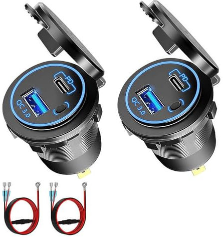 Intckwan Prise USB 12V, 54W, Double Port de Charge Rapide (QC3.0 + PD) avec Interrupteur on/Off - Port USB Embarqué 12-24V pour Voiture, Moto, Camion, Bateau, Camping-Car (2 Pièces)