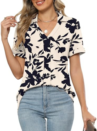 Rapbin Womens Summer Tops Short Sleeve V Neck Business Tunic Blouses Lapel Collar Dressy Casual Floral Polo Shirt Loose Work T-Shirts 2025(Apricot Black Floral,L)
