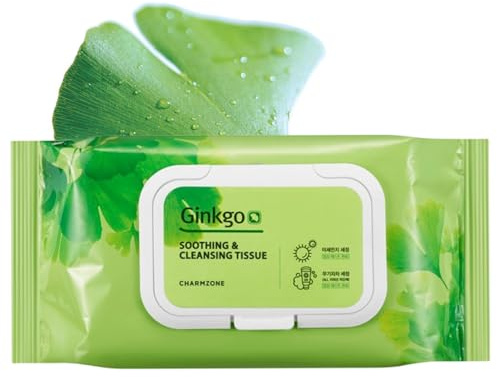 CHARMZONE Ginkgo Soothing & Cleansing Tissue – Facial Wipes for Gentle Makeup Removal and Refreshing Cleanse, 70 Sheets (353g), Korean Skincare