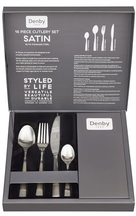 Denby - Satin 16 Piece Stainless Steel Cutlery Set for 4 People - Dishwasher Safe Tableware Kitchen Service – Flatware Set with Fork, Table Knife, Dessert Spoon & Teaspoon, Silver