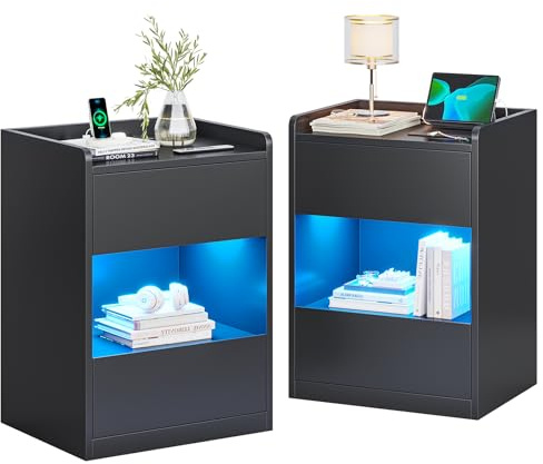 AOGLLATI Nachttisch mit LED-Beleuchtung und Ladestation | Nachtschrank mit 2 Schubladen & 1 Fach Beistelltisch mit Steckdosen Sofatisch für Schlafzimmer Wohnzimmer(2, Schwarz)