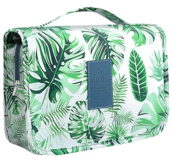 Trousse de Toilette à Suspendre, Trousse de Toilette Voyage Grande avec Crochet, Trousse de Maquillage Pliable, Trousse Toilette Imperméable pour Hommes et Femmes, Feuilles Vertes