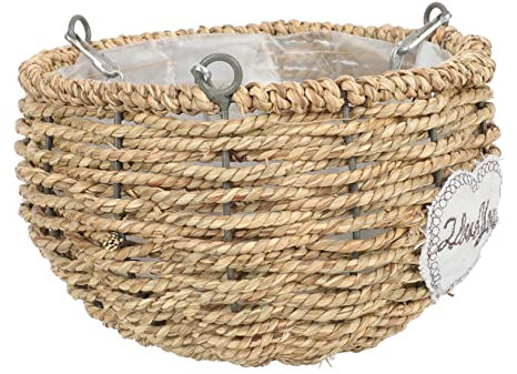VICASKY Round Straw Flower Pot Hanging Vase Ornament for Home Decor Creative Plant Display Basket Iron Chain Hook for Indoor Garden Hanging Baskets and Plant Arrangement