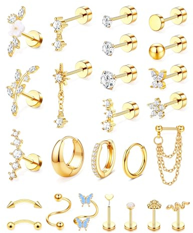 Minnario 25Pcs Helix Piercings Chirurgenstahl Ohrringe Piercing Set Flatback Ohrstecker Ohrpiercings Creolen Helix Knorpel Ohrringe Damen Gold Silber Rook Conch Tragus Piercing Ohr Einzelner Ohrring