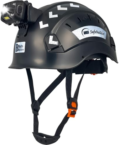 SAFEBUILDER Safety Hard Hats with Headlight Lightweight Breathable Vented Safety Helmet with Headlamp for Construction Industrial Outdoor Work Head Protection ANSI Approved (Black+SHL01)