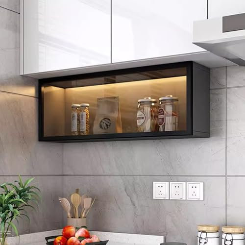 Glasvitrine zur Wandmontage, grau/weiß, Speisekammeraufbewahrung mit Türen, LED-Licht, bohrfreie Installation für Küche & Bad, hängende Lagerregale (80 x 1)
