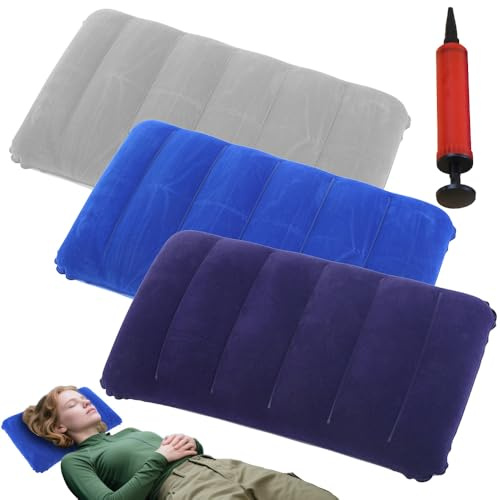 LINISITING 3 Pcs Inflatable Pillows for Camping, Water-Resistant Soft Flocked Blow Up Cushion, Portable Compressible Pillow for Traveling Hiking Office Fishing with a Manual Air Pump