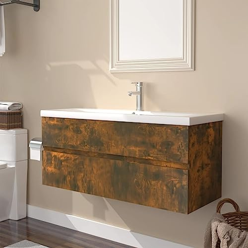 Qnhdfrt Mobile sottolavabo con vasca da incasso, 100 cm, in legno di affumicatura, sottile armadio da bagno con cassetto, montaggio a parete per piccoli bagni