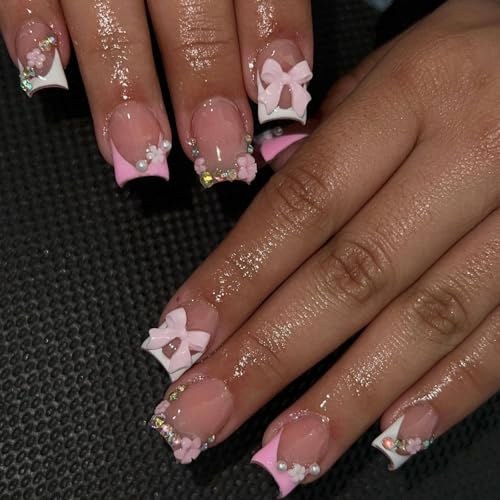 Viugex 24Pcs Press on Nails Kurze Quadratische, 3D Schleifen Blumen French Kunstnägel, Ballerina Künstliche Fingernägel mit Perlen Strass, Acryl Full Cover Nägel zum Aufkleben für Frauen DIY Maniküre