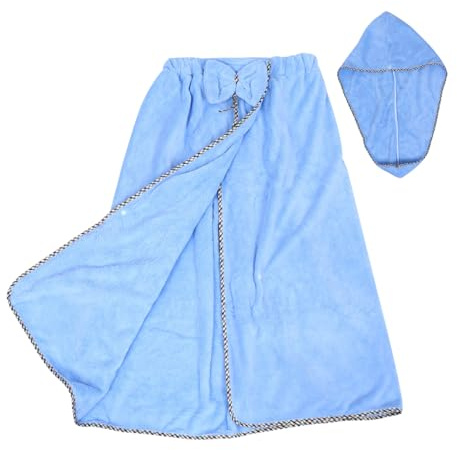 VALICLUD Toalla de Baño Absorbente y Falda de Baño Ajustable Tamaño Grande Vellón Coral Transpirable Secado Rápido para Mujer Uso en Interiores Conjunto 2 Piezas (Sombrero y Falda) Azul