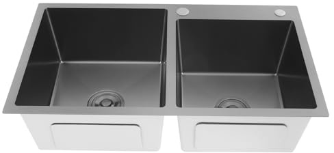 Évier de cuisine double 80 x 45 x 22 cm - Plan de travail encastré - 2 bacs - En acier inoxydable - Avec siphon et filtre - Pour cuisine - Facile à nettoyer (noir)
