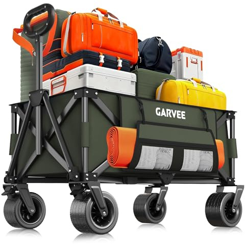 GarveeHome XXL Bollerwagen Faltbar, 200kg Belastbar & 200L Volumen, Handwagen mit Bremsen & 20cm Offroad-Rädern, Klappbarer Transportwagen mit Seitentaschen für Strand, Camping & Garten, Grün