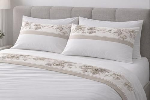 Corredocasa Completo Lenzuola Matrimoniale in Puro Cotone, Made in Italy - Set Letto 4 Pezzi con Balza Stampata - Lenzuolo sopra 260x300, sotto con Angoli 180x200+30, 2 Federe 55x90 (Beige)