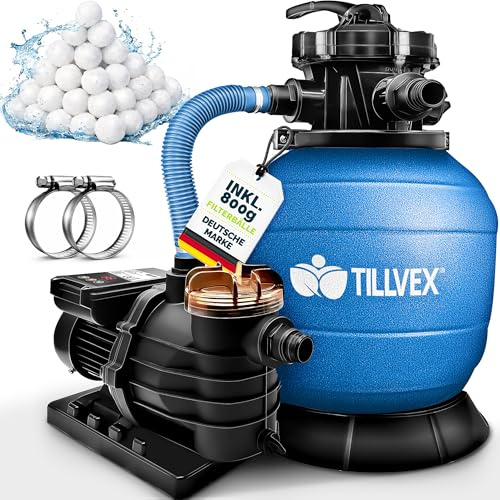 tillvex Depuradora de Agua para Piscina con Temporizador 10 m³/h + 800g Bolas de Filtro - 7 Funciones de Filtrado & Adaptador 2 en 1 Ø32-38 mm - Bomba de Filtro de Arena con Válvula (Azul)
