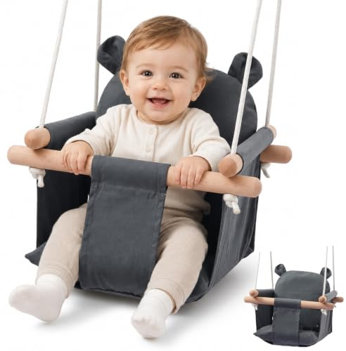 Columpio para bebé, columpio infantil, de madera para interior y exterior, con cinturón de seguridad y cojín de algodón, altura ajustable para bebés y niños a partir de 6 meses hasta 3 años, capacidad