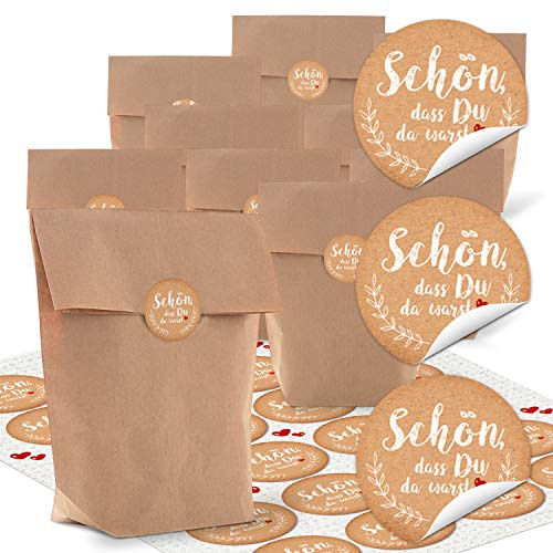 Logbuch-Verlag 24 Kraftpapier Tüten braun zum Befüllen + Sticker SCHÖN, DASS DU DA WARST - Papiertüten zum Befüllen Geschenkverpackung 16,5 x 26 x 6,6 cn
