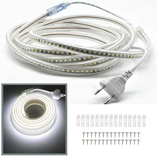 FOLGEMIR 2 Meter Kalt Weiß LED Band, 2835 SMD 144 Leds/m Lichtleiste, 220V 230V LED Strip, sehr helle Beleuchtung - ca. 900 LM pro Meter, IP65 wasserdicht