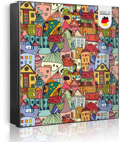 banjado Großer Schlüsselkasten Metall - Schlüsselbox 30x30cm beschreibbarer mit 32 Haken - Schlüsselkasten modern für Schlüsselaufbewahrung - Korpus Schwarz Scharnier Links - Motiv Funky Town