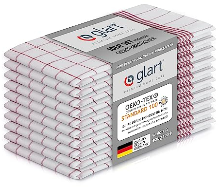Glart 48KR2 Lot de 10 torchons 50x70 cm, rouge à carreaux - 100% coton, certifié OEKO-TEX, prélavé, absorbant, lavable, durable, avec crochet, pour maison, cuisine, restauration, bureau