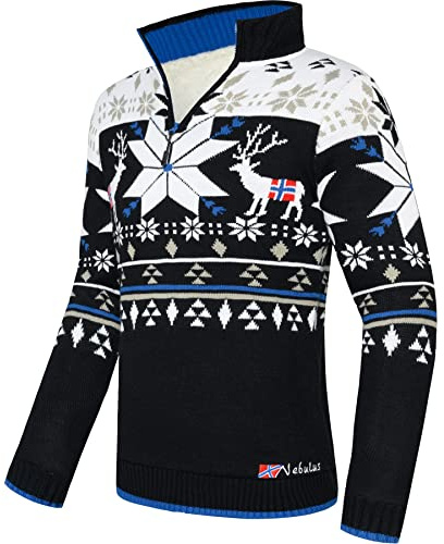 Nebulus Herren Strickpullover Fria, Warmer Strick Pullover mit Kunstfell & Stehkragen, Pulli mit Reißverschluss im Norweger Look