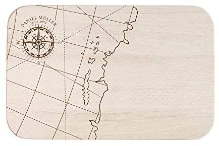 Casa Vivente Frühstücksbrett aus Holz mit Gravur, Personalisiert mit Name und Datum, Motiv Kompass, Dekoratives Küchenbrett zum Geburtstag