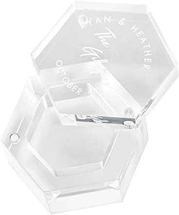 Personalisierte Ringbox, durchsichtige Acryl-Trägerbox, kundenspezifischer Text Datum Ringbox Sechseckform Mini-Schmuck Aufbewahrung Ohrring Fall Ring Geschenkbox Verlobungs-Ehering-Trägerbox