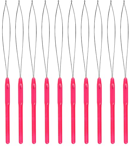 SAVITA 10 Piezas Enhebrador de Agujas de Bucle de Extensión de Cabello Dispositivo de Cuentas de Gancho de Tracción Kit de Extensiones de Cabello (Magenta)
