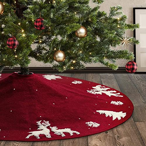 LATERN 3D Gestrickter Weihnachtsbaumrock, 122CM Großer Weihnachtsbaumrock 100% Handgemachte Wolle Schnur Gestrickte Matte 3D Schneeflocke Elchbaum Basisabdeckung für Home Party Dekoration (Rot)