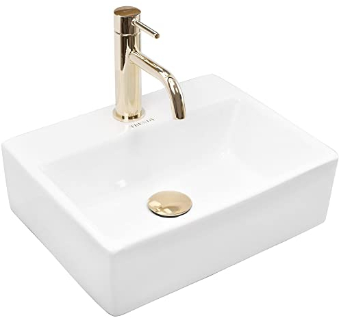 VBChome Lavabo de cerámica blanco rectangular con agujero para grifo, 39 x 30 cm, pequeño lavabo de mano, lavabo para invitados, inodoro