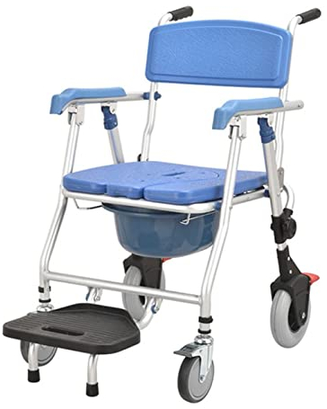 LXBH Folding Toilet Shower Chair, Height Adjustable Commode Wheelchair with Removable Pot Folding Pedal and Sponge Cushion Mobile Bedside Commodes for Elder Disabled People Hard seat